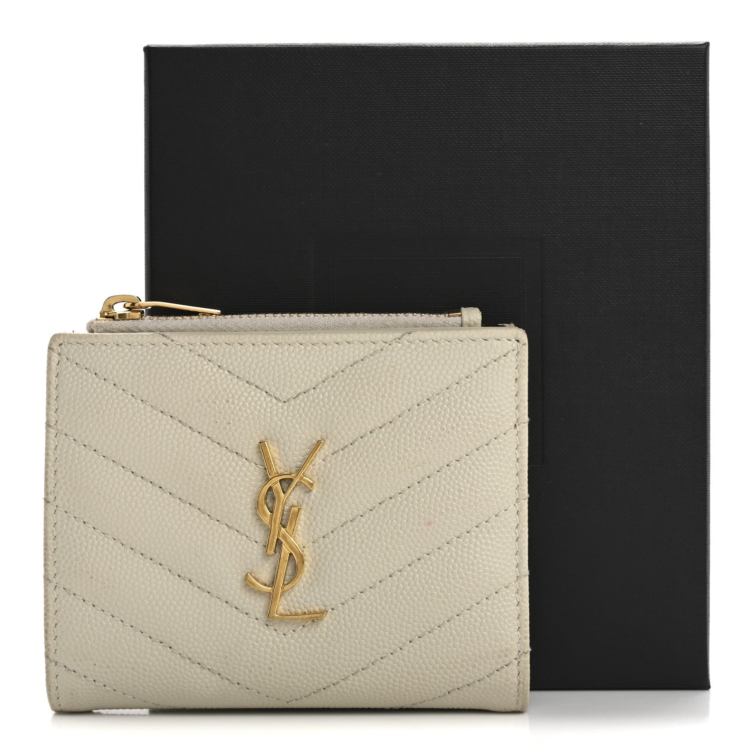 Saint Laurent Grain De Poudre Matelasse Chevron Monogram Zipped Card Case Crema Soft 15 of 15