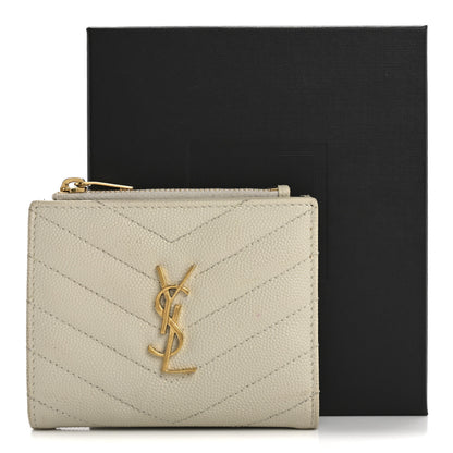 Saint Laurent Grain De Poudre Matelasse Chevron Monogram Zipped Card Case Crema Soft Crema Soft 15 of 15
