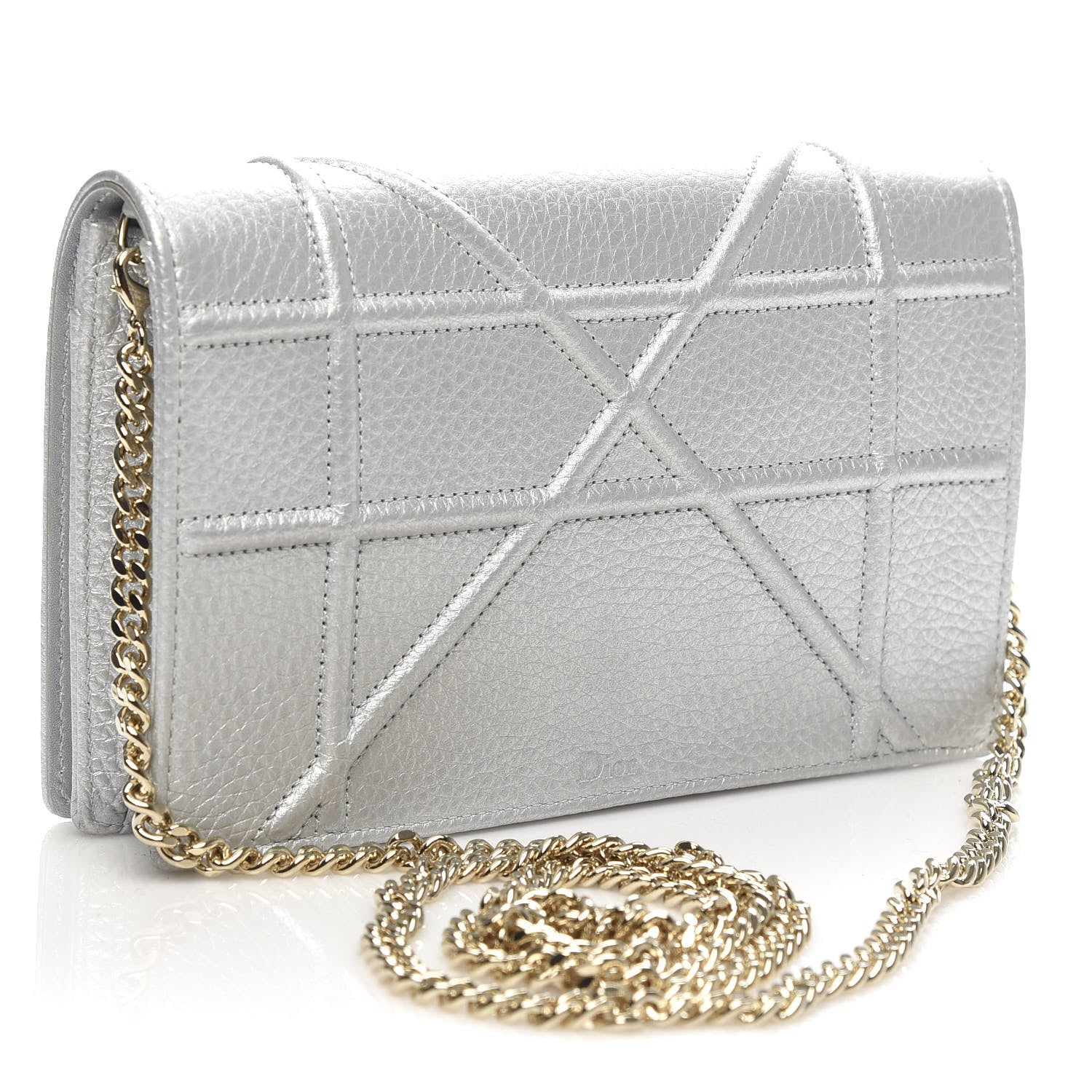 Christian Dior Metallic Grained Calfskin Diorama Wallet on Chain Pouch Silver 3 of 9