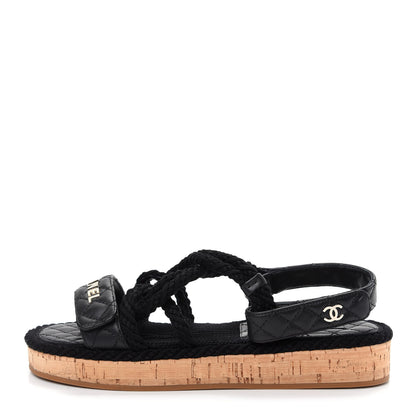 Chanel Cord Lambskin Quilted Logo Sandals 38 Black 1 of 11