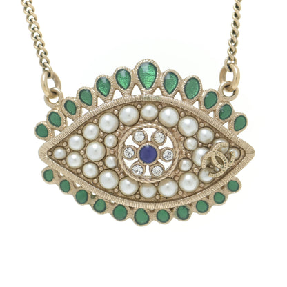 Chanel Resin Crystal Glass Pearl Eye Pendant Necklace Gold Multicolor 3 of 5