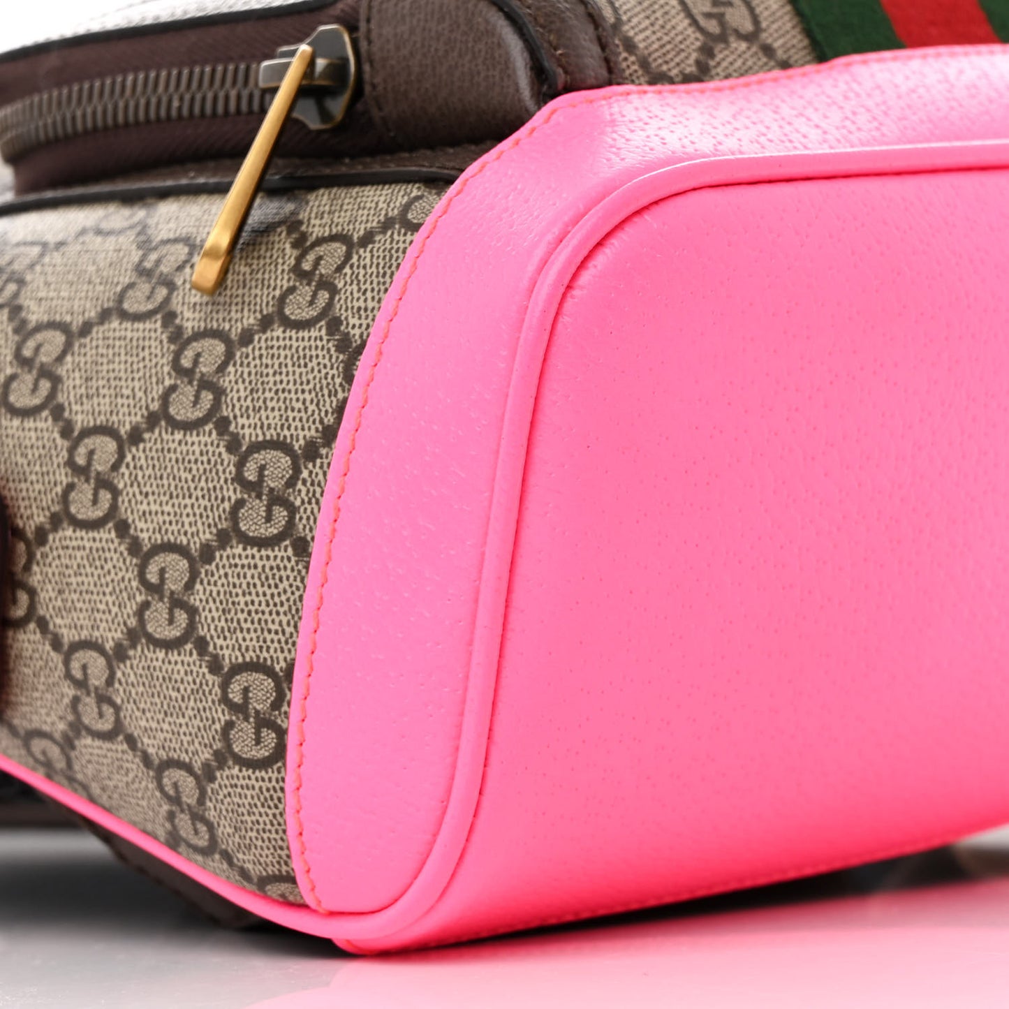 GG Supreme Monogram Textured Dollar Calfskin Web Small Ophidia Day Backpack Beige Ebony Fluorescent Fuchsia