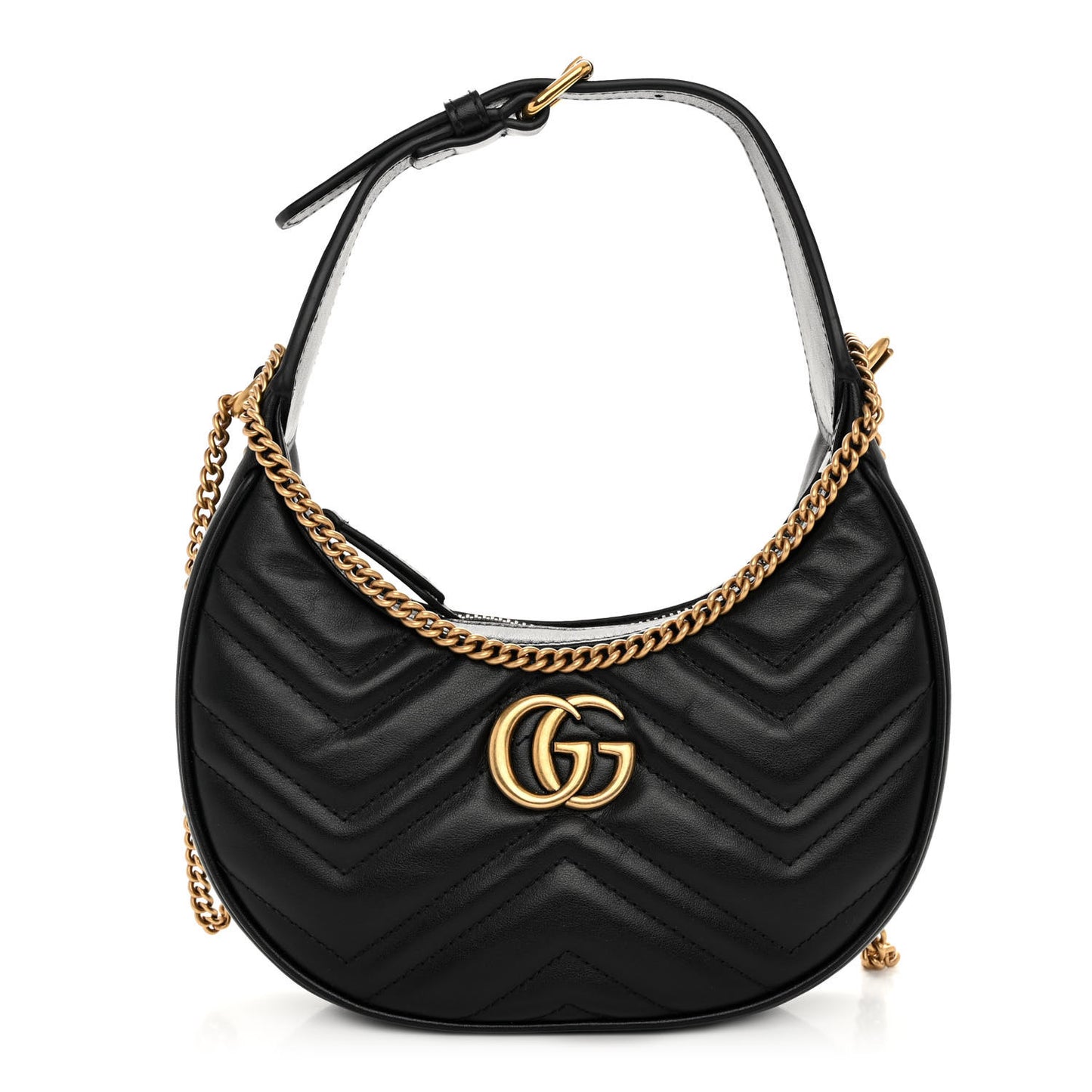 Calfskin Matelasse Chevron Mini GG Marmont Half Moon Hobo Black