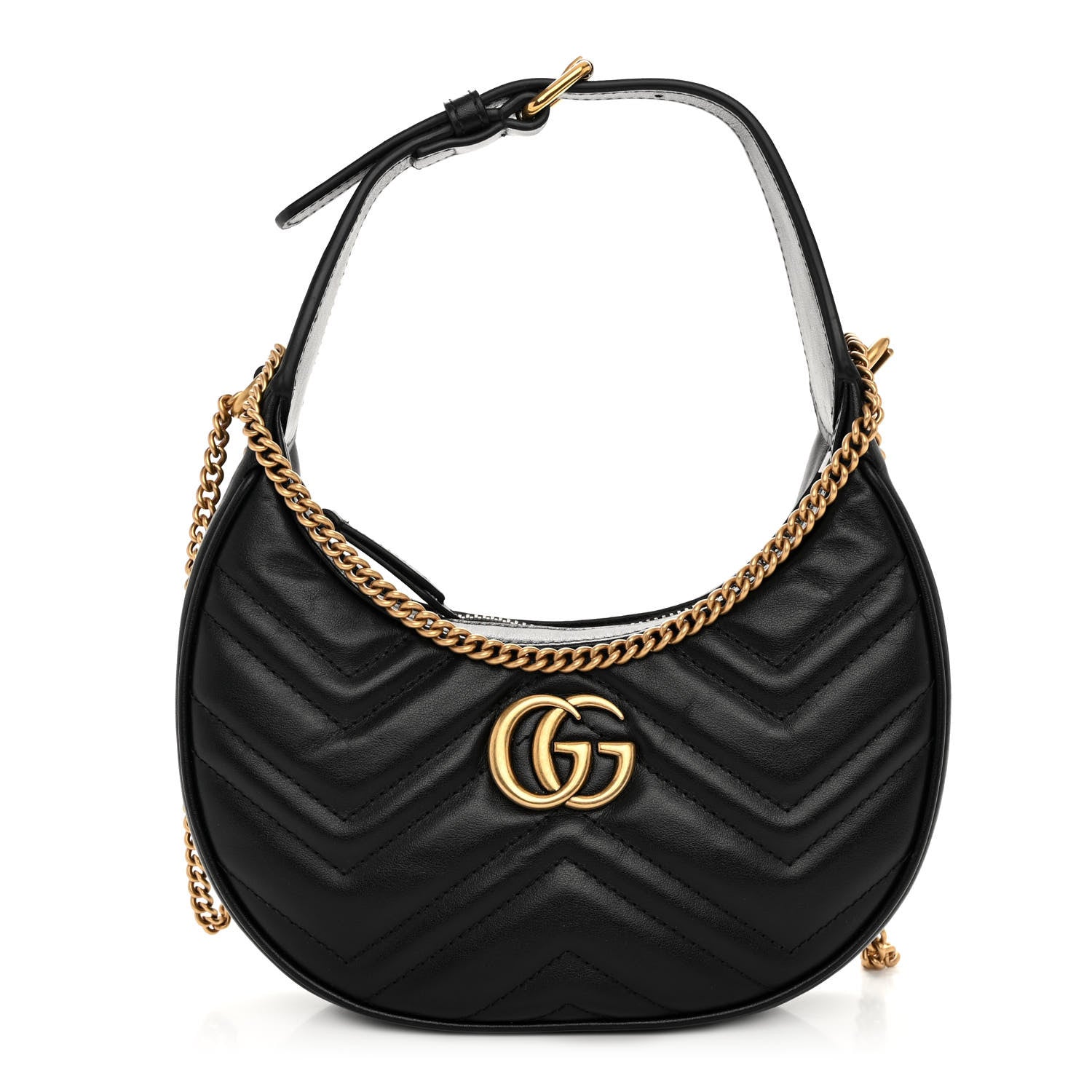 Gucci Calfskin Matelasse Chevron Mini GG Marmont Half Moon Hobo Black 1 of 11
