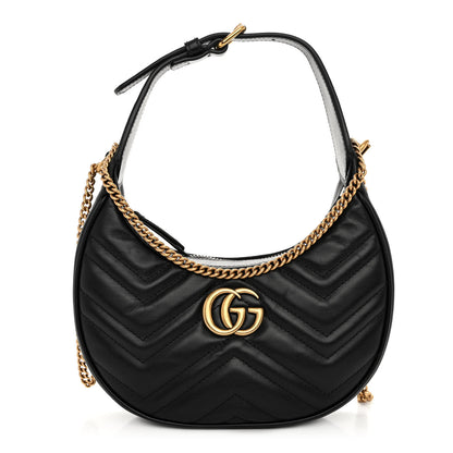 Gucci Calfskin Matelasse Chevron Mini GG Marmont Half Moon Hobo Black 1 of 11