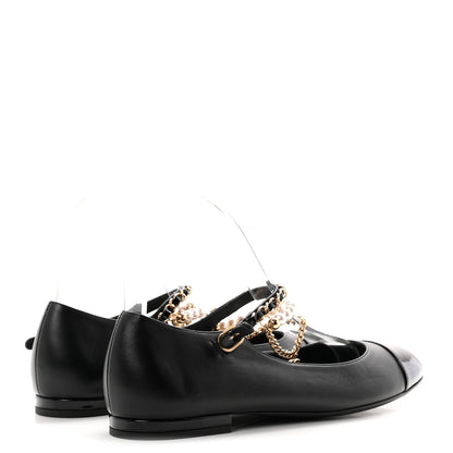 Chanel Shiny Lambskin Pearl Cap Toe Ankle Chain Ballerina Flats 38 Black 5 of 9