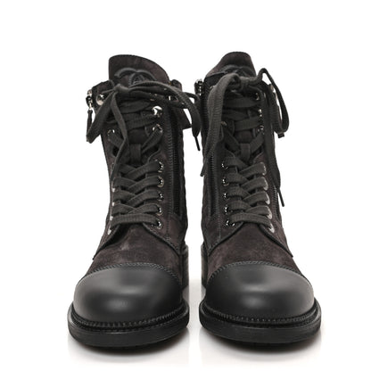 Chanel Suede Calfskin Quilted Lace Up Boots 36.5 Grey 2 of 6