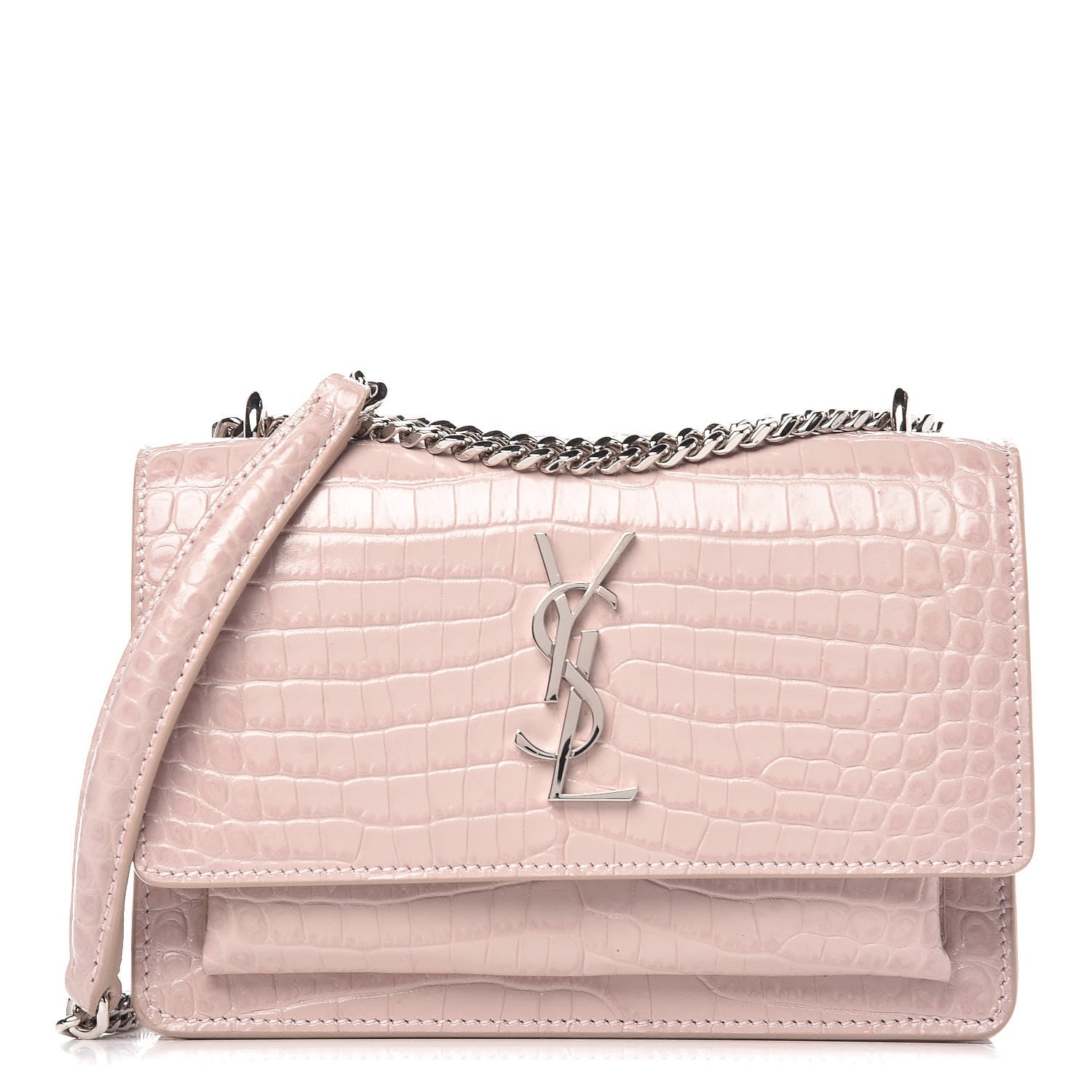 Saint Laurent Calfskin Crocodile Embossed Monogram Sunset Chain Wallet Soft Nude 1 of 8