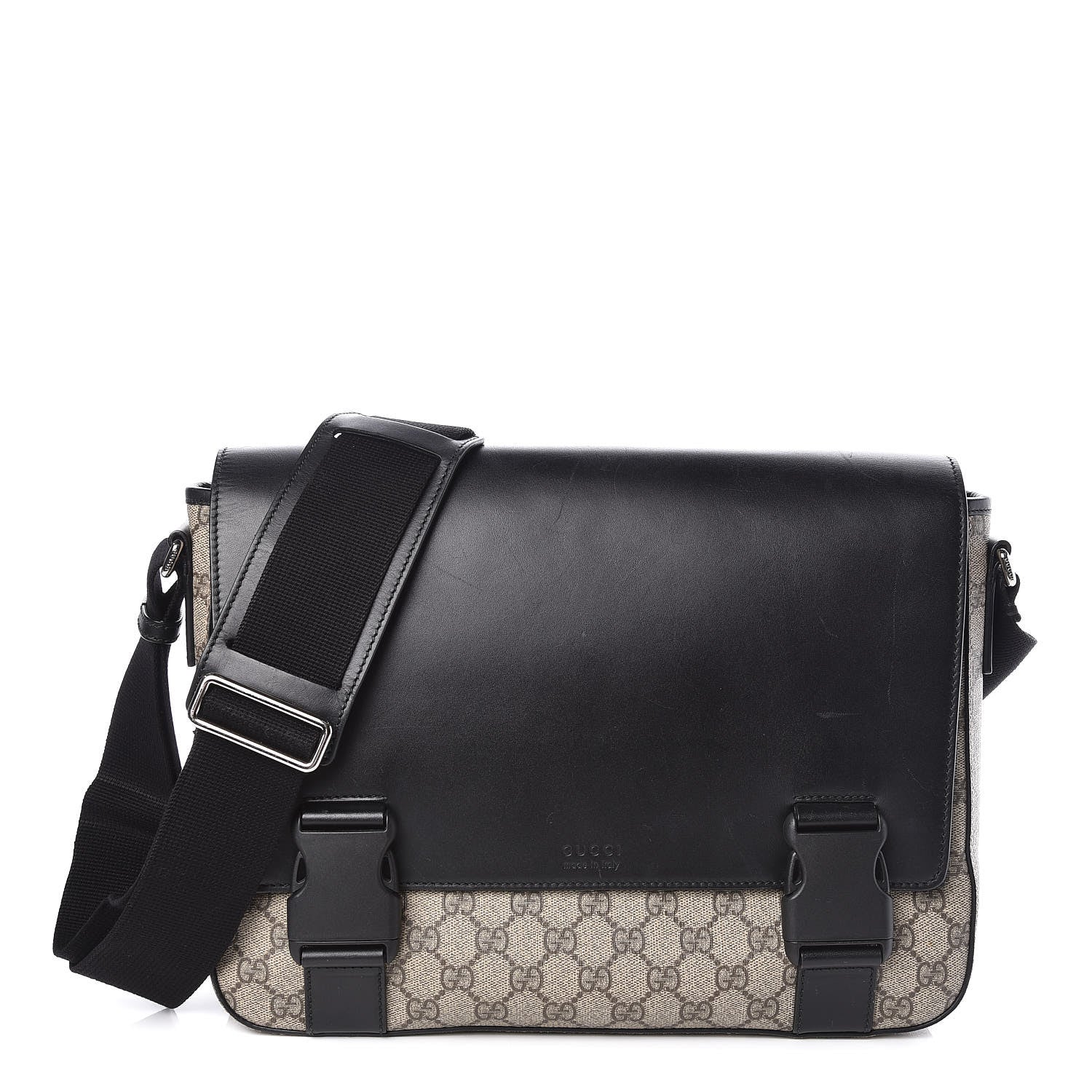 Gucci GG Supreme Monogram Calfskin Medium Double Buckle Flap Messenger Beige Black 1 of 11