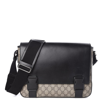 Gucci GG Supreme Monogram Calfskin Medium Double Buckle Flap Messenger Beige Black 1 of 11