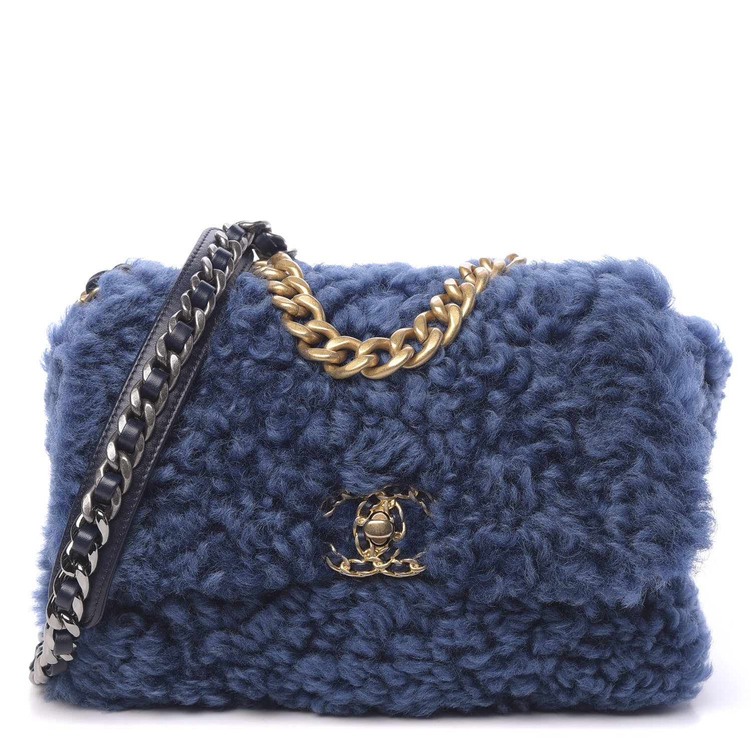 Chanel Shearling Sheepskin Medium 19 Flap Blue 1 of 11