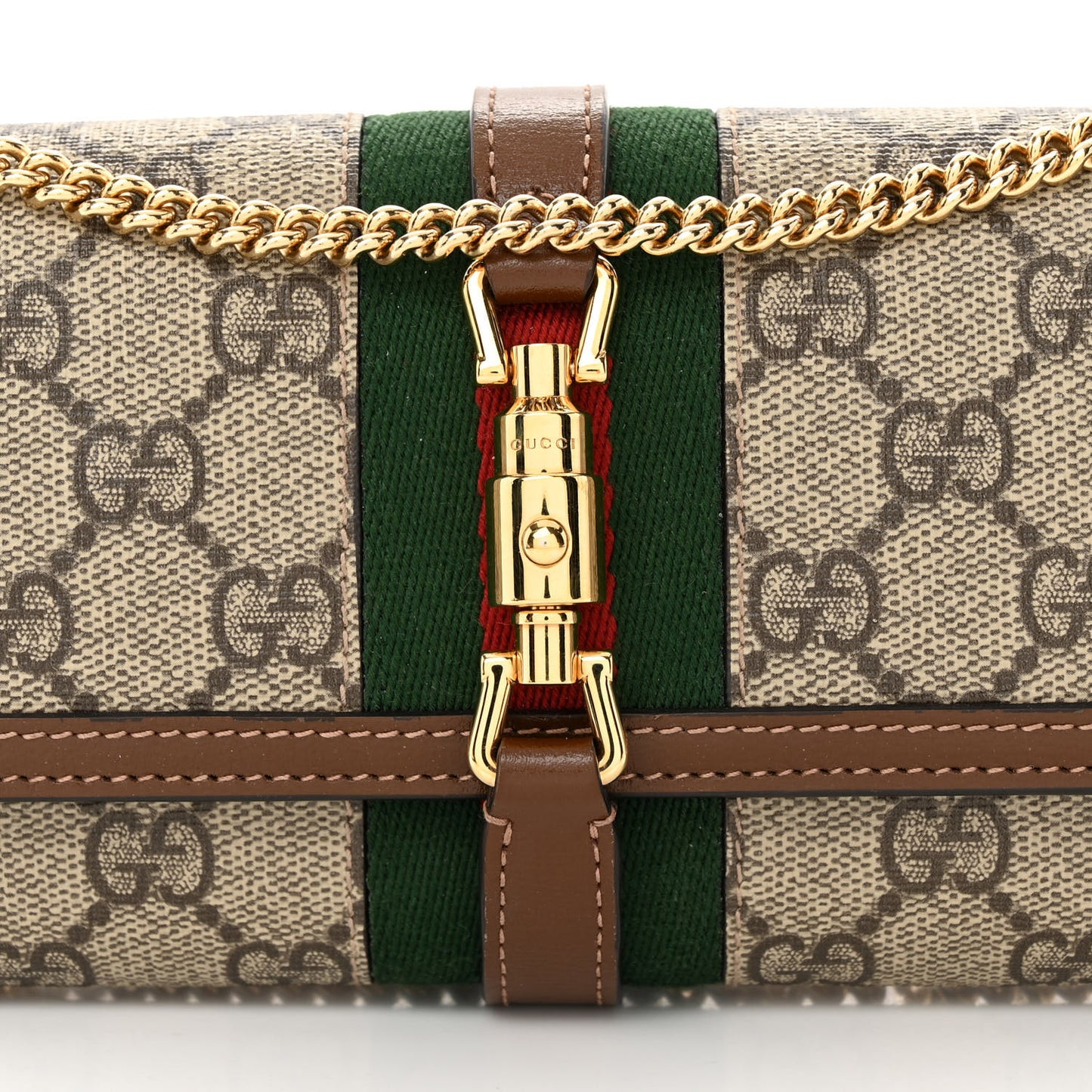 GG Supreme Monogram Azalea Calfskin Web Jackie 1961 Chain Wallet Beige Ebony Brown Sugar