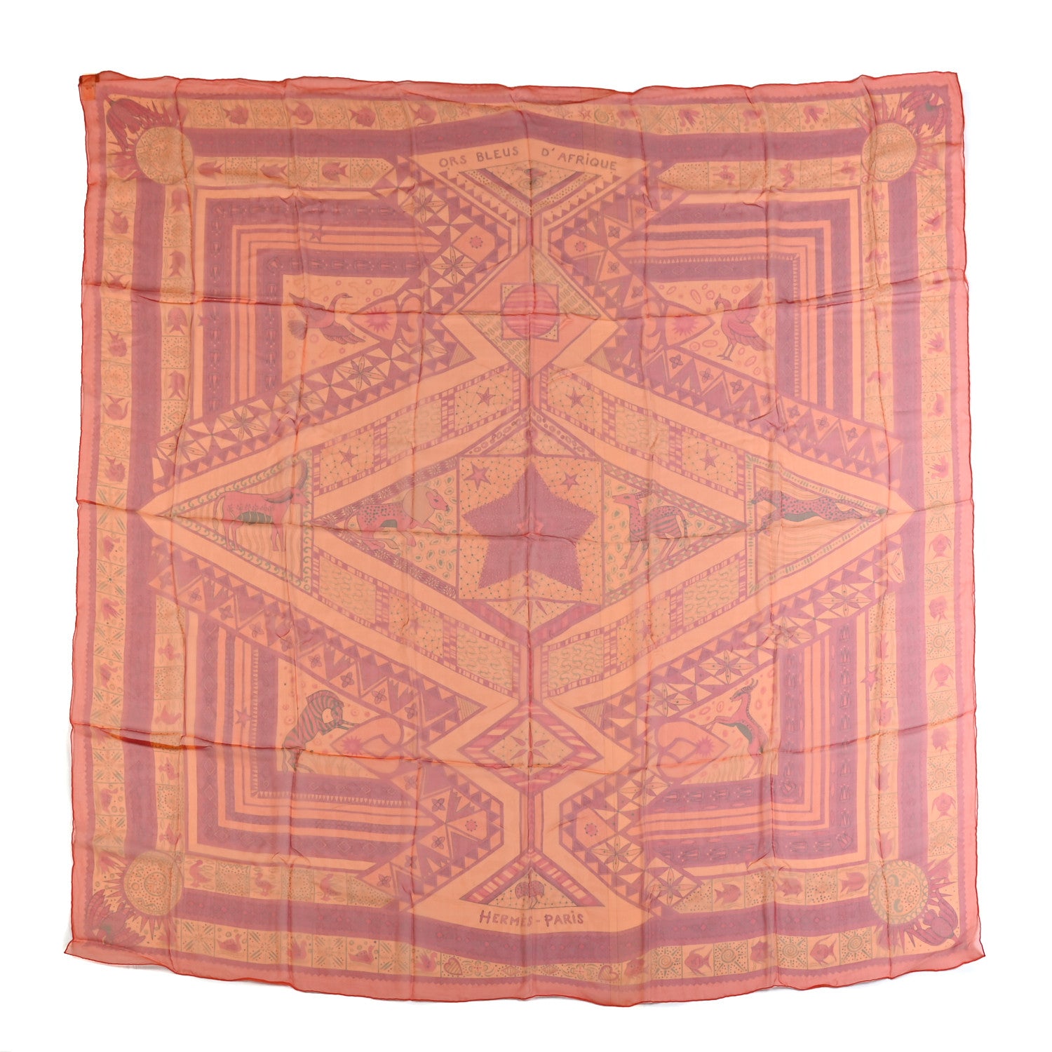 Hermes Silk Mousseline Ors Bleus D’Afrique Shawl 140 Orange Rouge H Vert 1 of 4