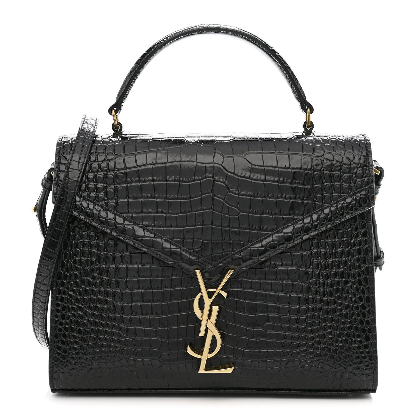 Calfskin Crocodile Embossed Medium Classic Monogram Cassandra Top Handle Black
