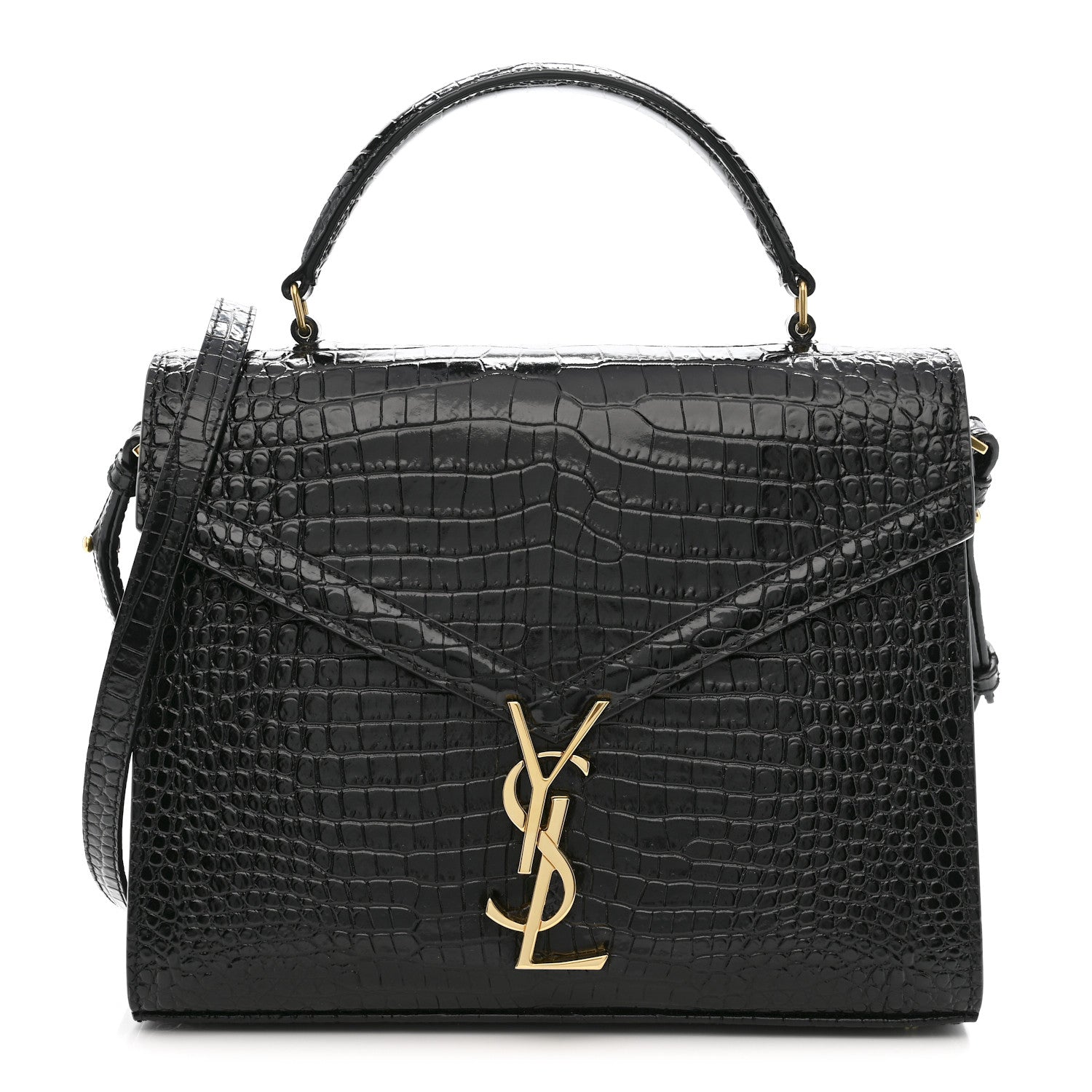 Saint Laurent Calfskin Crocodile Embossed Medium Classic Monogram Cassandra Top Handle Black 1 of 11