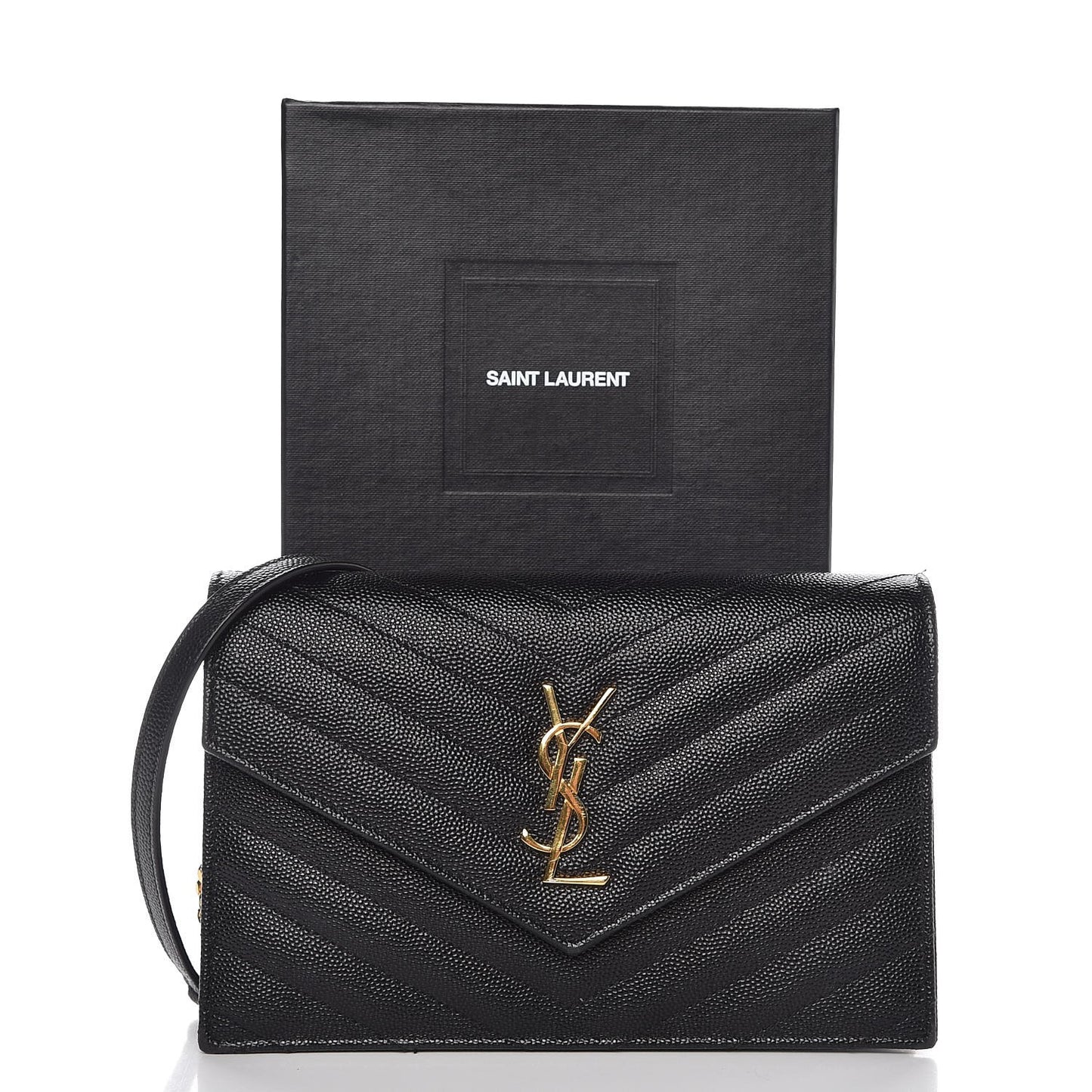 Grain De Poudre Matelasse Chevron Monogram Envelope Chain Wallet Black