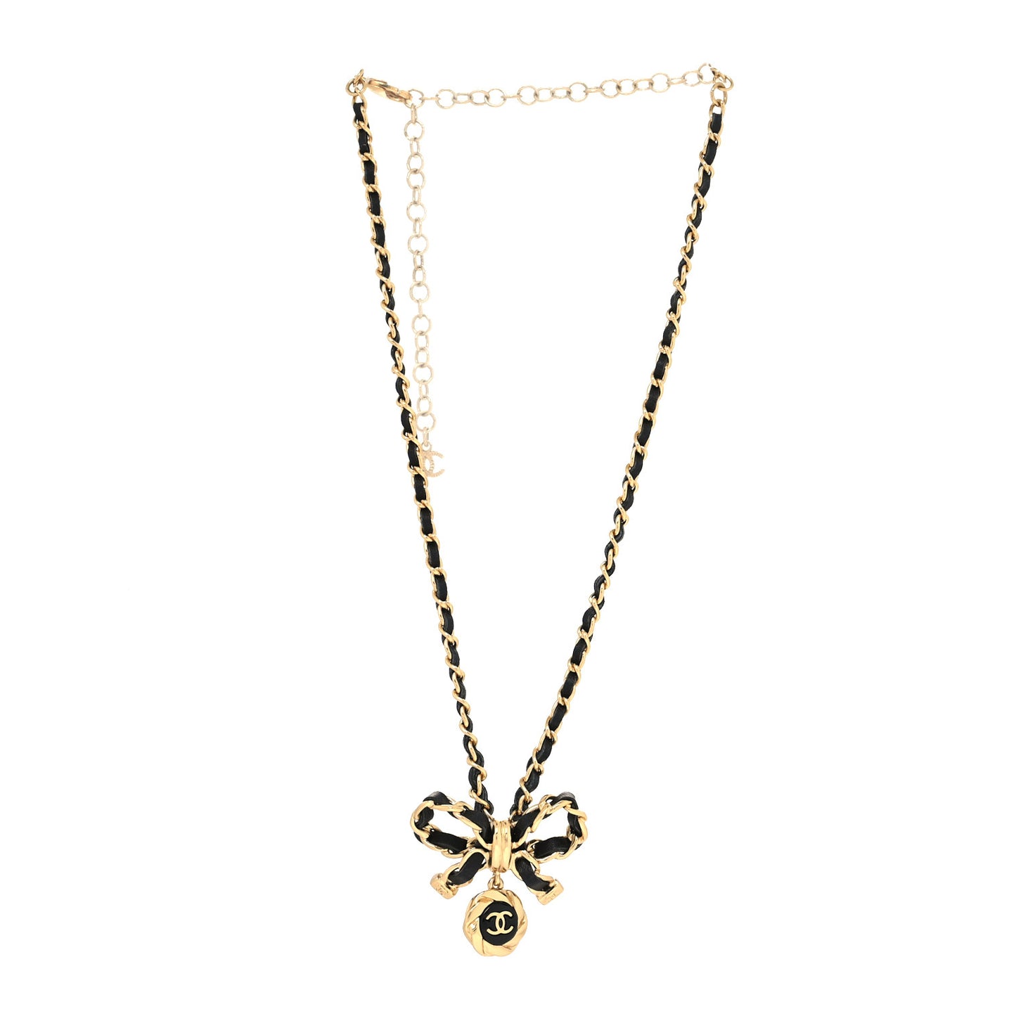 Metal Lambskin Chain CC Bow Necklace Black Gold