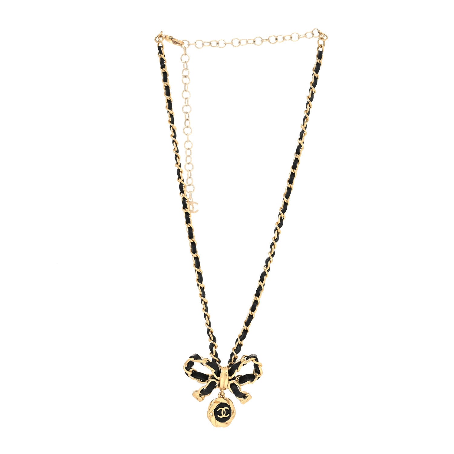 Chanel Metal Lambskin Chain CC Bow Necklace Black Gold 3 of 5