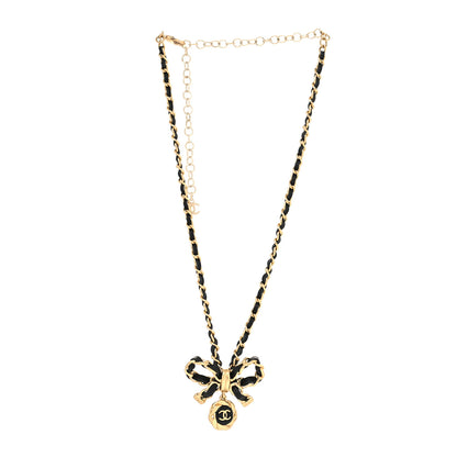 Chanel Metal Lambskin Chain CC Bow Necklace Black Gold 3 of 5