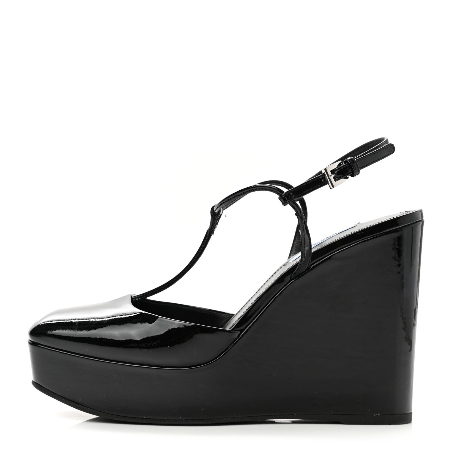 Prada Patent T-Strap Wedge Sandals 38.5 Black 1 of 8