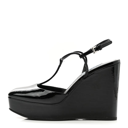 Prada Patent T-Strap Wedge Sandals 38.5 Black 1 of 8