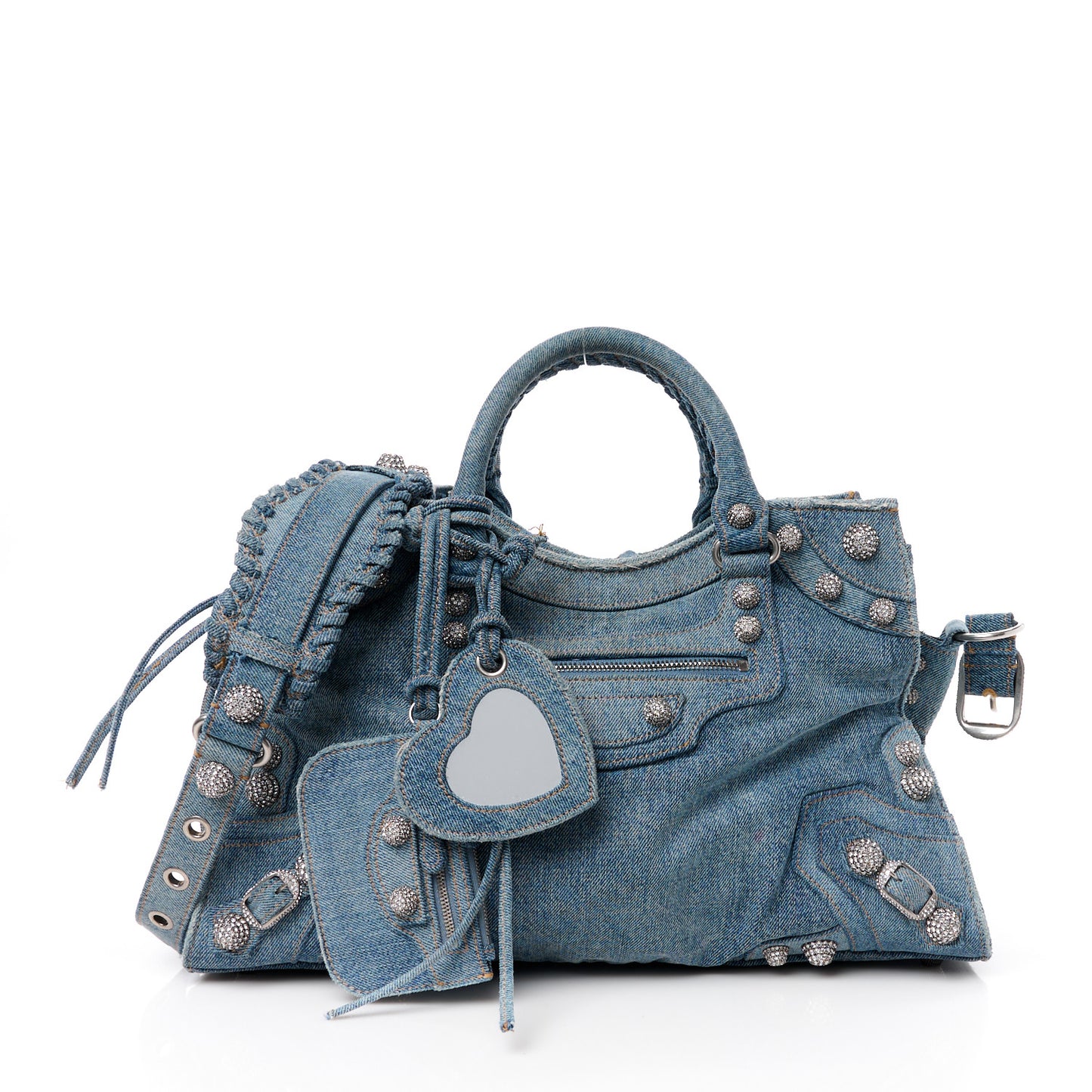 Washed Frayed Denim Crystal Neo Cagole City Handbag Blue