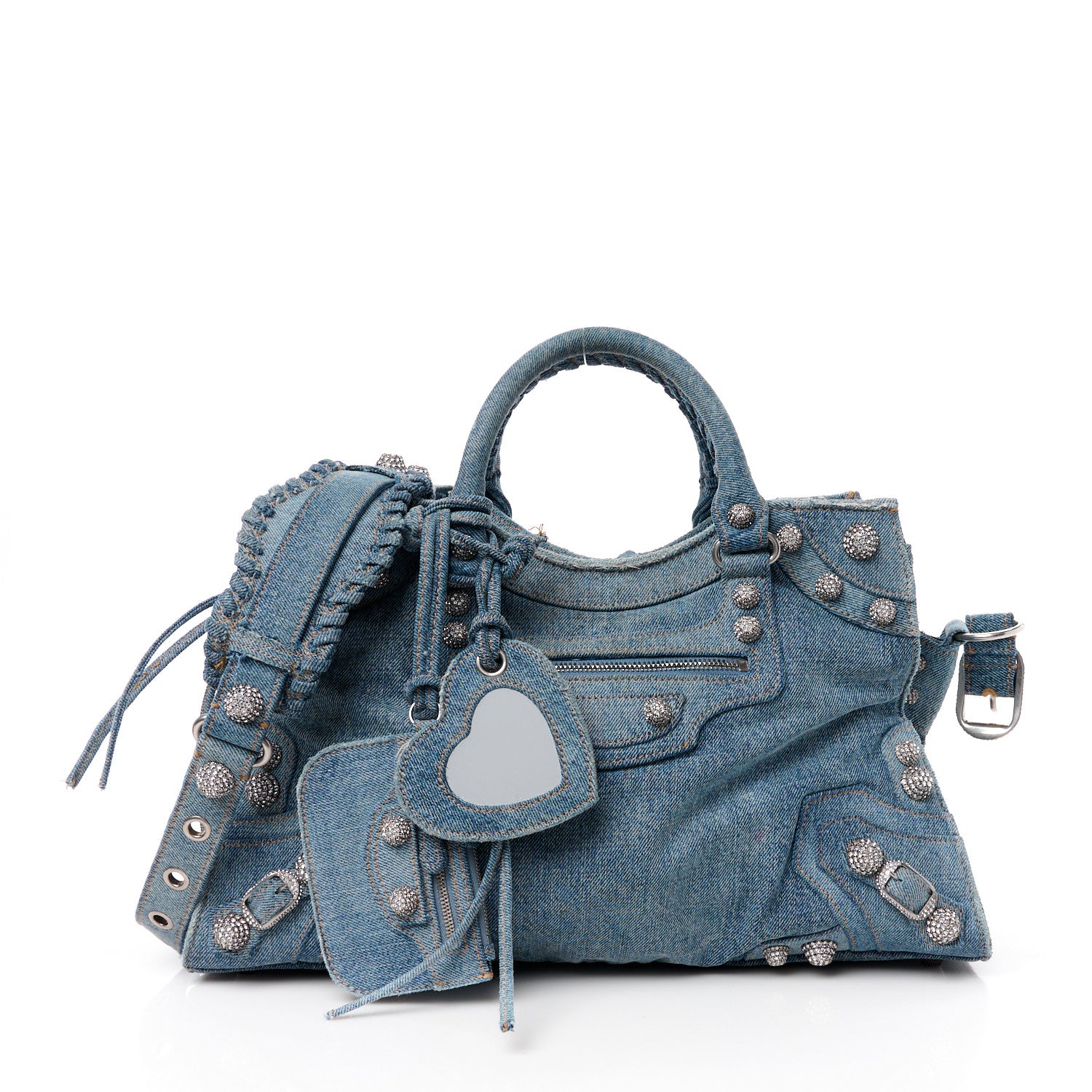 Balenciaga Washed Frayed Denim Crystal Neo Cagole City Handbag Blue 1 of 14