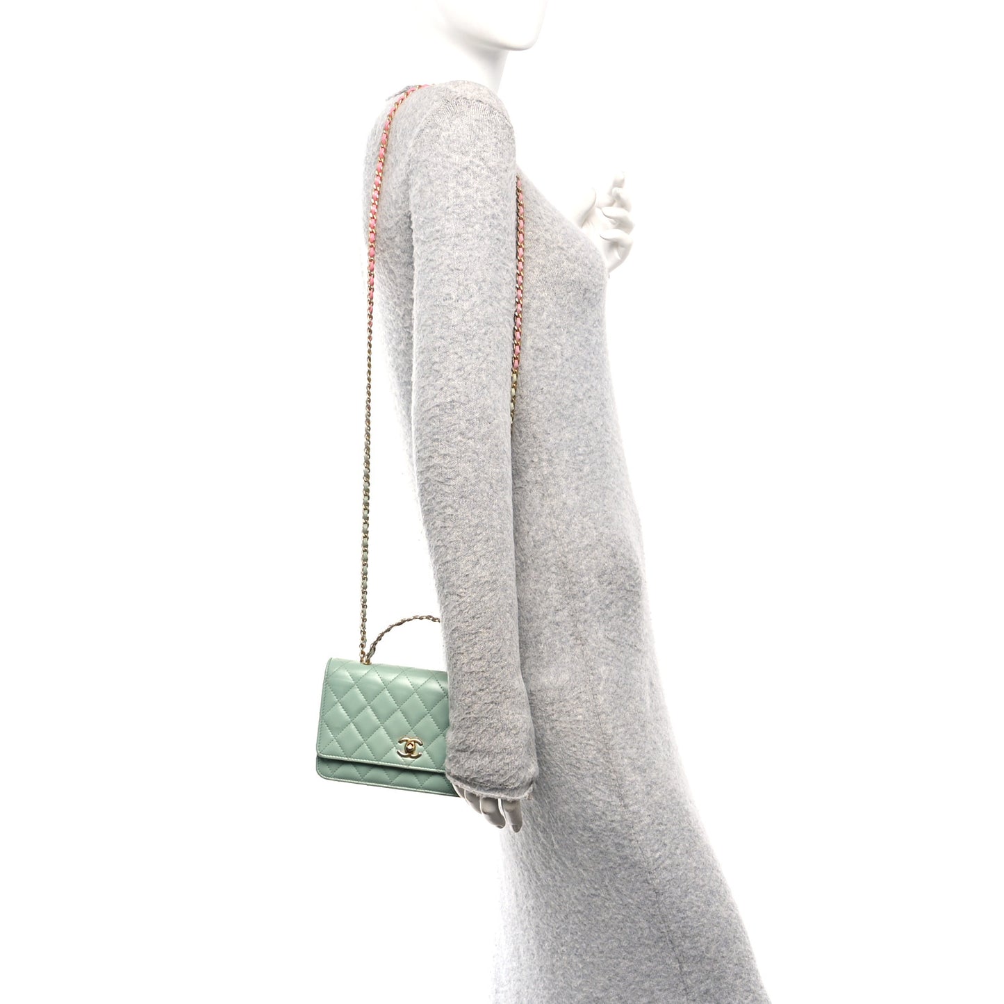 Shiny Calfskin Quilted Metal Top Handle Wallet On Chain WOC Light Green