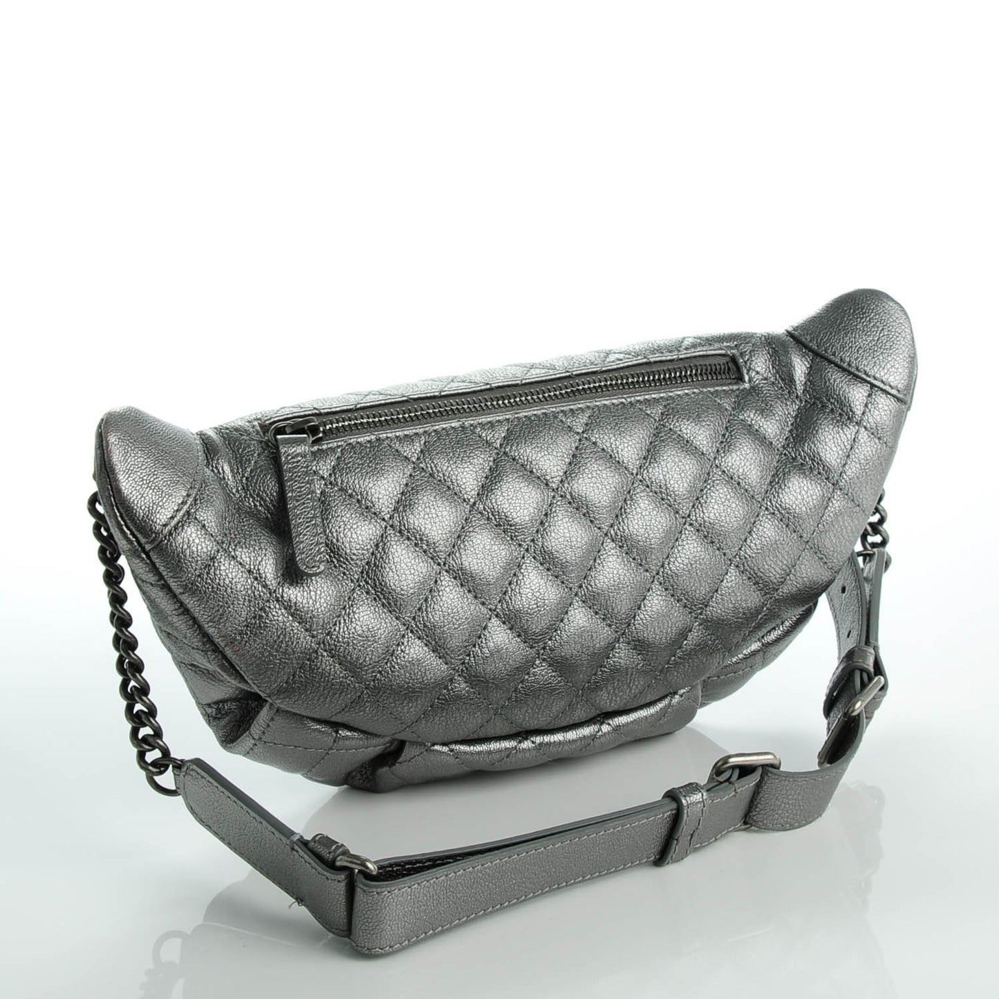 Metallic Goatskin Quilted Banane Waist Bag Fanny Pack Silver