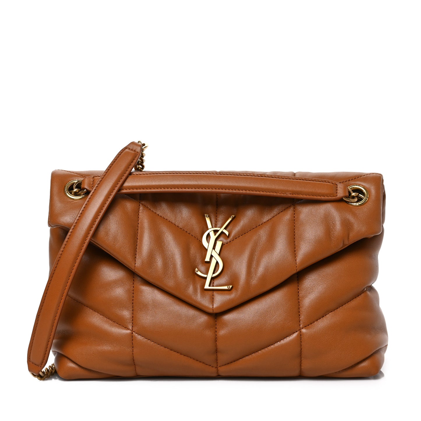 Lambskin Quilted Small Loulou Puffer Monogram Chain Satchel Dark Honey