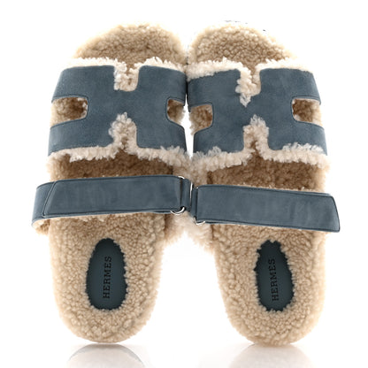 Hermes Suede Goatskin Woolskin Womens Chypre Sandals 40 Bleu Pinede Ecru 2 of 8