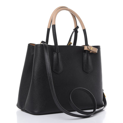 Prada Saffiano Cuir Small Bi-Color Double Bag Black Sabbia 3 of 10