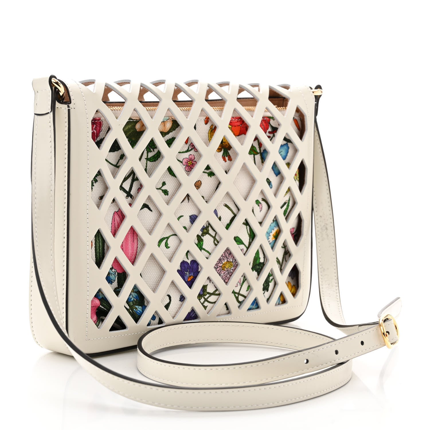 Gucci Canvas Flora Floral Calfskin Medium Cutout Shoulder Bag White Multicolor 3 of 12