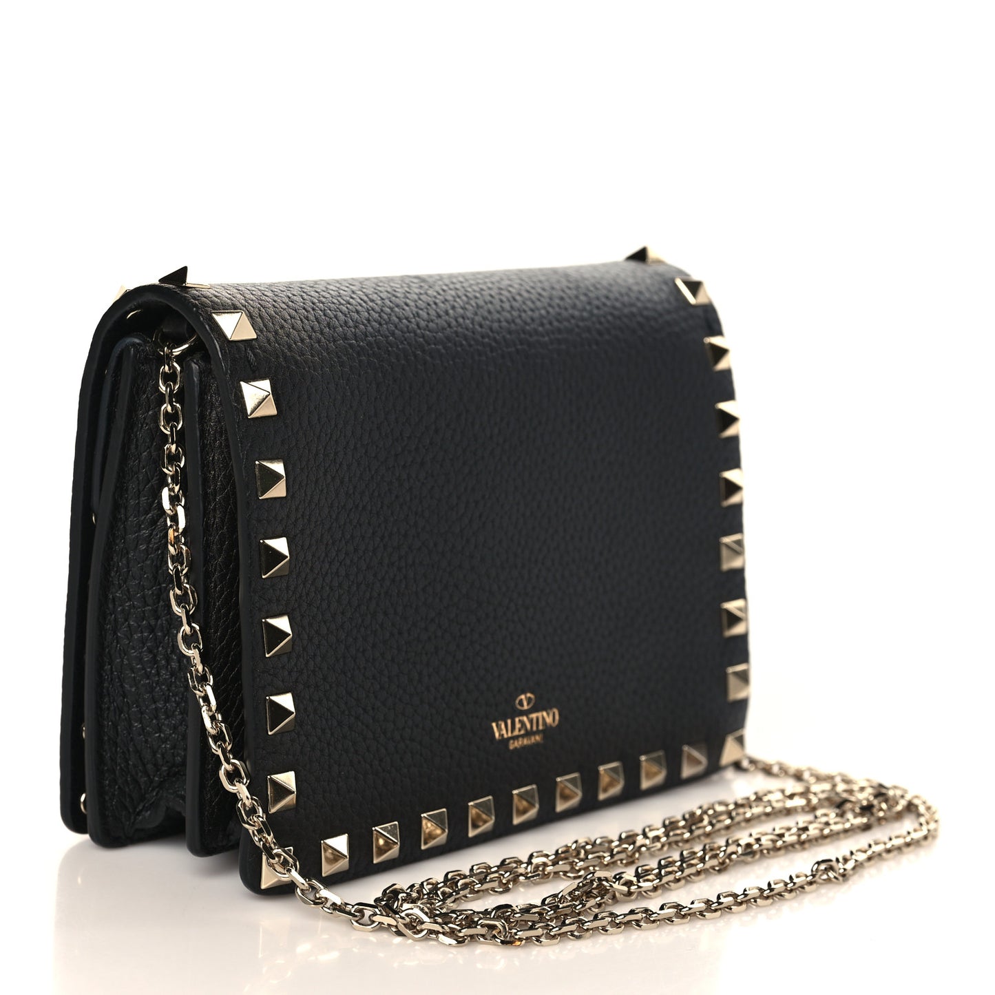 Pebbled Calfskin Rockstud Wallet on Chain Black