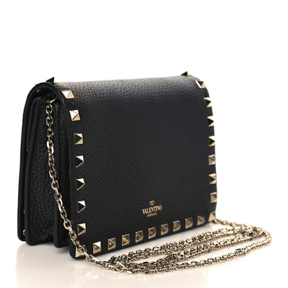 Valentino Garavani Pebbled Calfskin Rockstud Wallet on Chain Black 3 of 8
