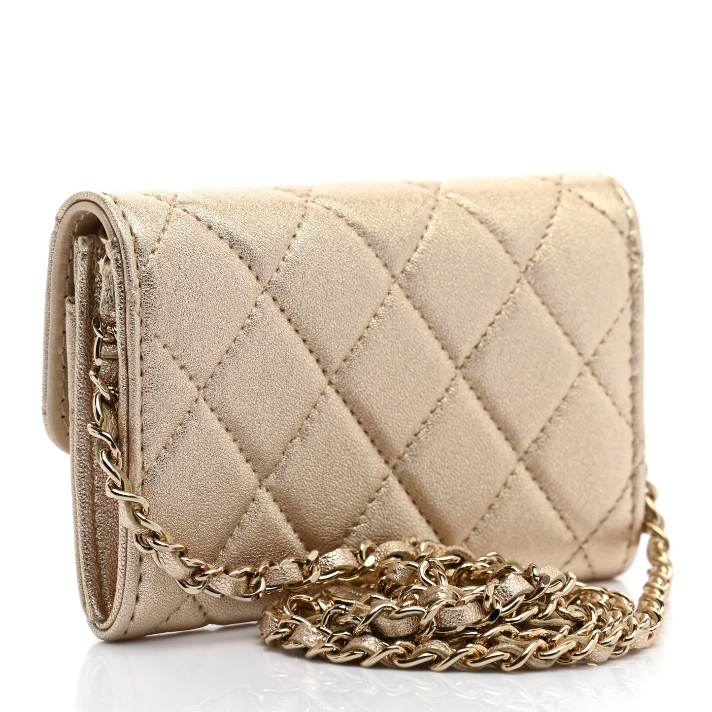 Metallic Lambskin Quilted Flap Chain Waist Bag Gold