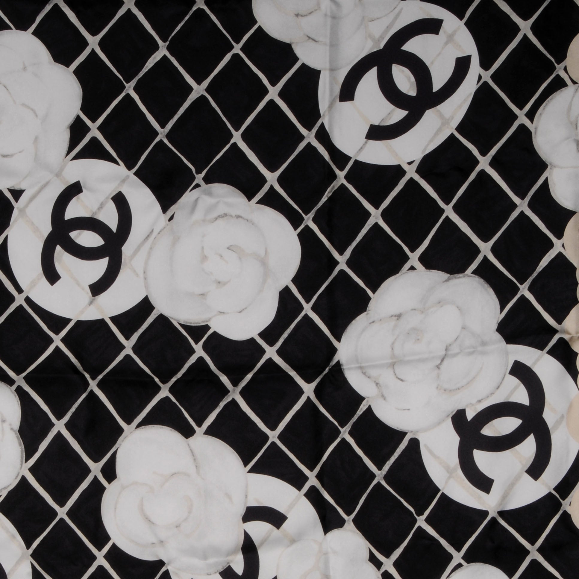 Chanel Silk CC Logo Camellia Scarf White Black 1 of 5