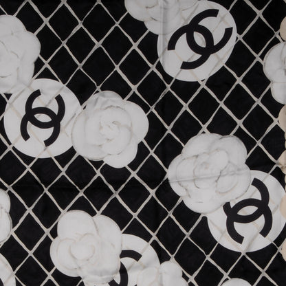 Chanel Silk CC Logo Camellia Scarf White Black 1 of 5