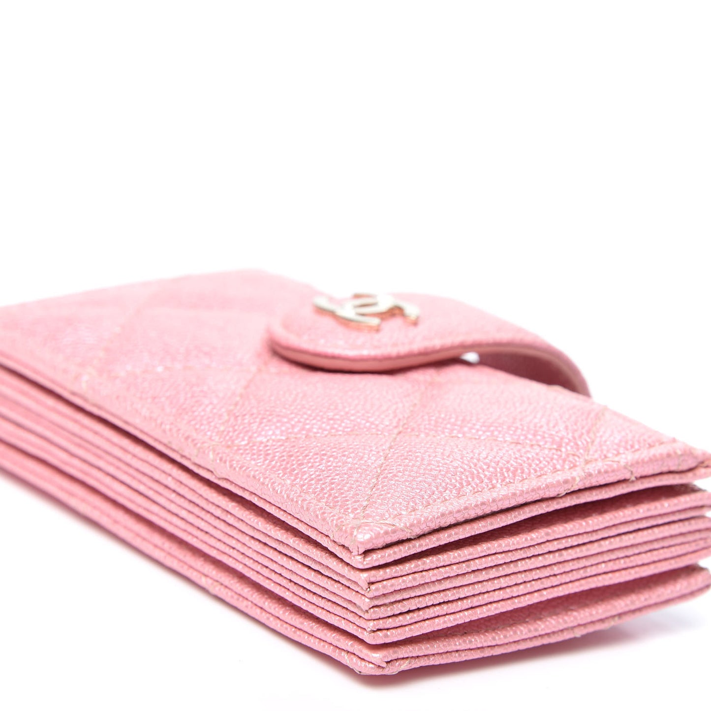 Iridescent Caviar Quilted Gusseted Card Holder Pink