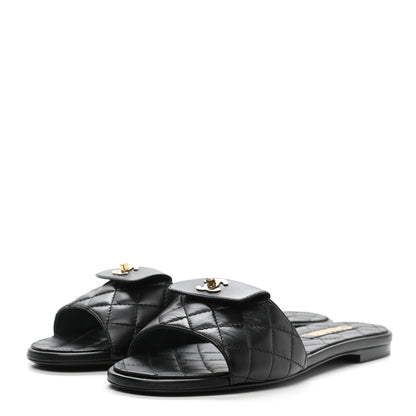 Chanel Lambskin Quilted CC Turnlock Sandals 40 Black 3 of 9