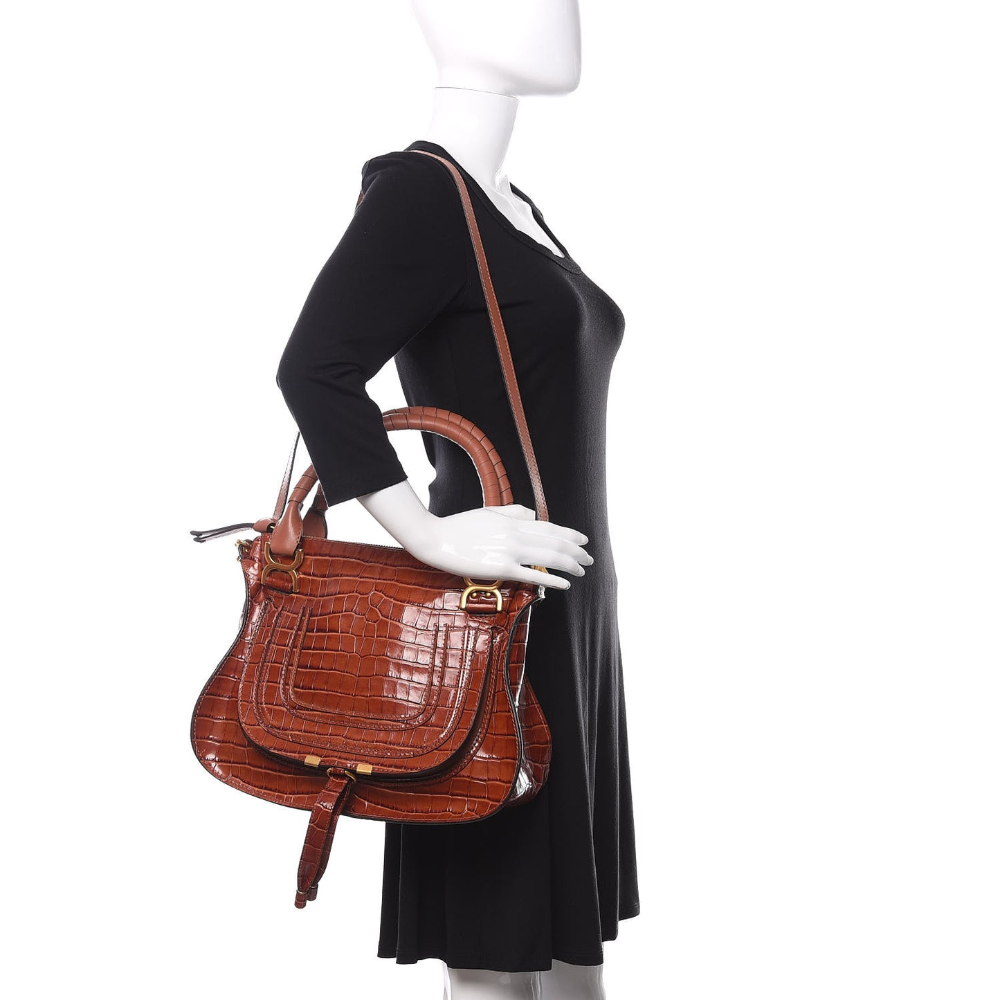 Calfskin Crocodile Embossed Medium Marcie Satchel Mahogany
