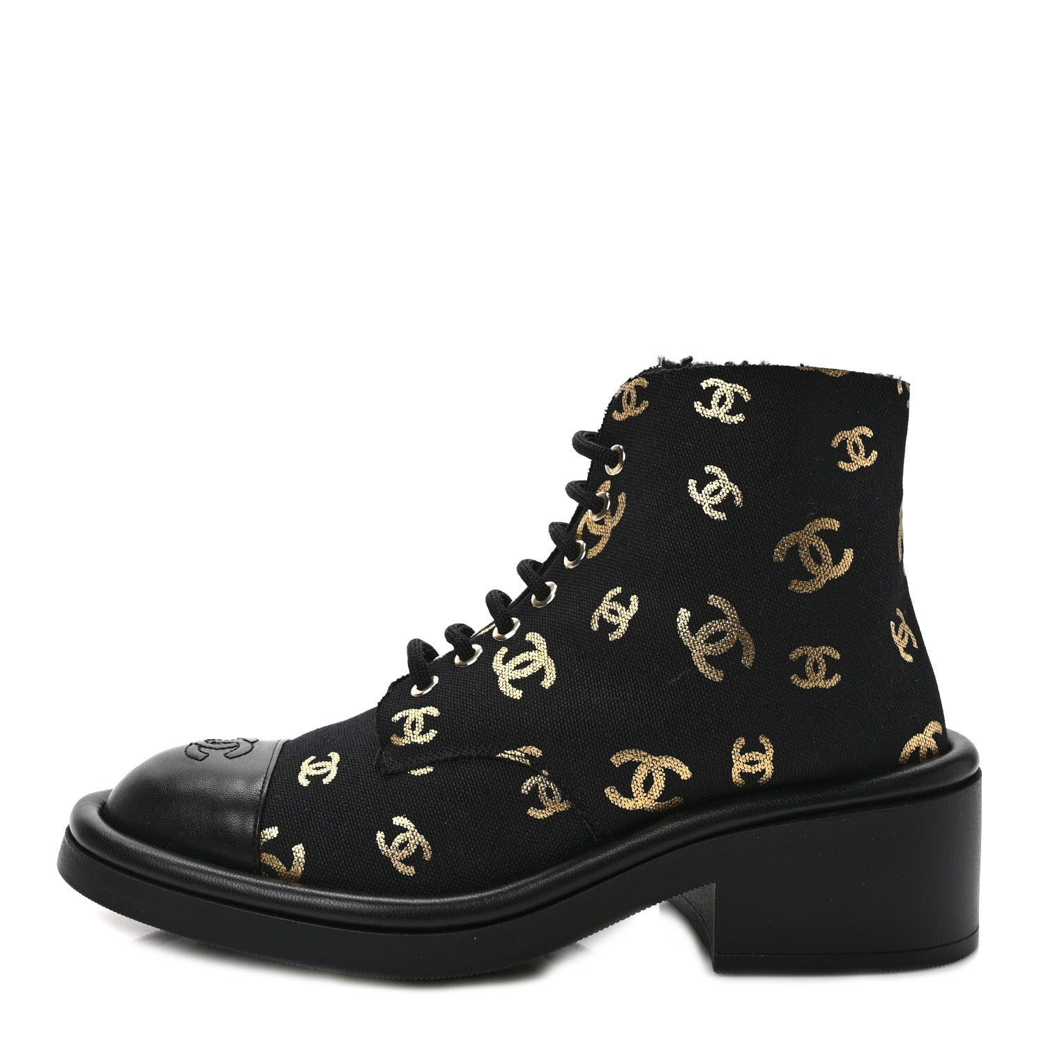 Chanel Lambskin Shearling Canvas CC Lace Up Boots 38 Black Gold 1 of 9