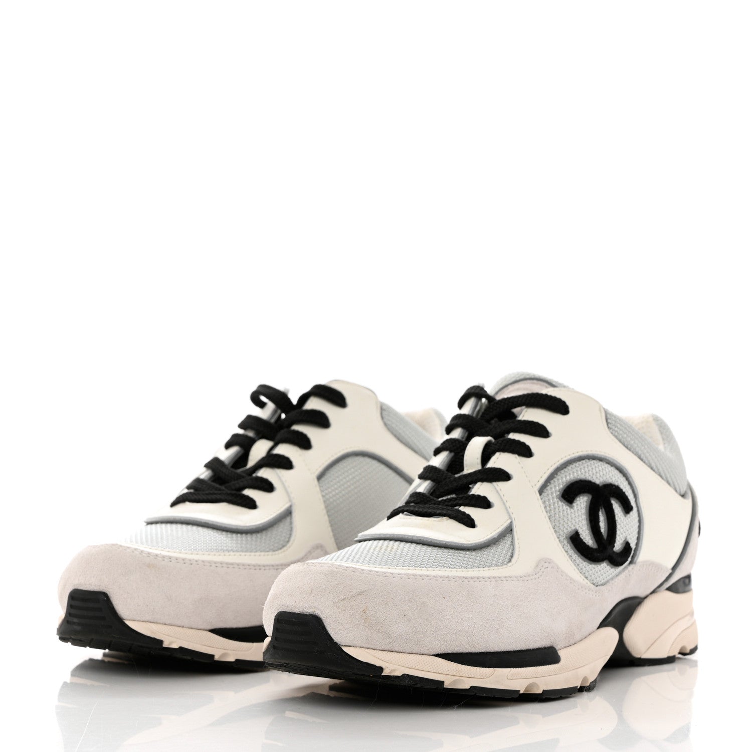 Chanel Mesh Suede Calfskin Womens CC Sneakers 41 White Silver Light Grey 3 of 11