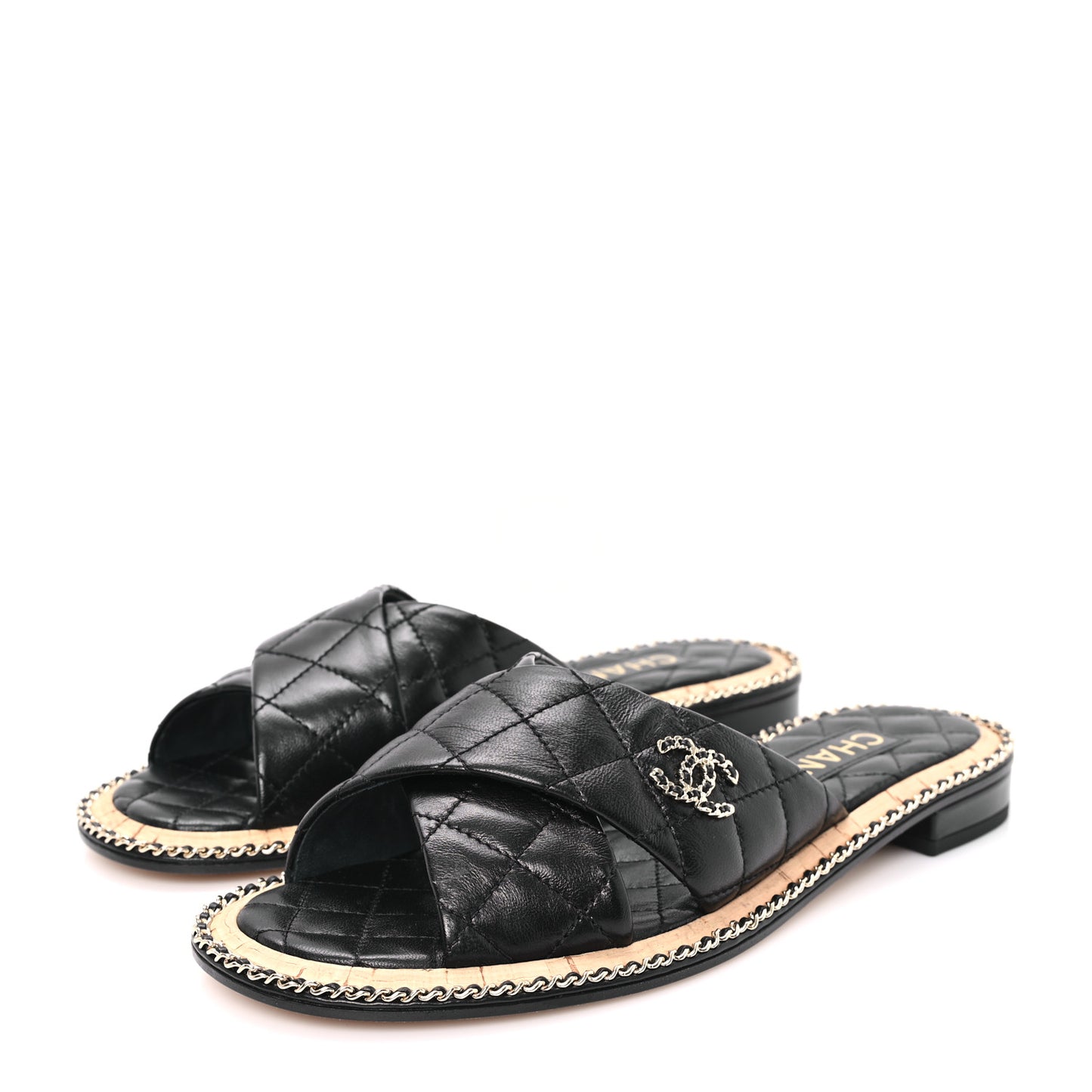 Lambskin Quilted Chain CC Sandals 39 Black