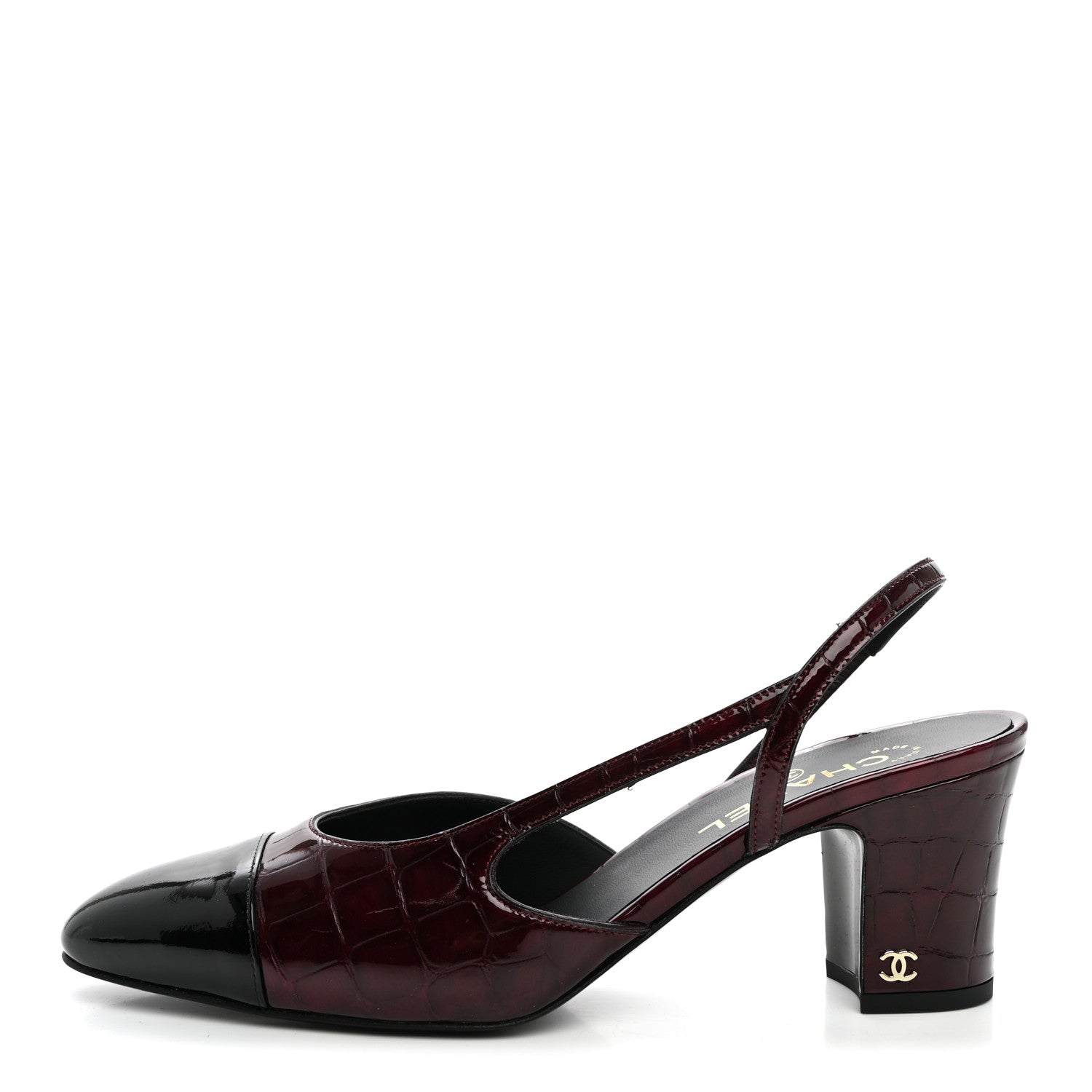 Chanel Patent Calfskin Crocodile Embossed Cap Toe CC Slingback Pumps 41 Dark Burgundy Black 1 of 10