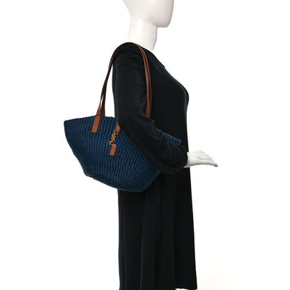 Saint Laurent Raffia Calfskin Medium Panier Tote Blue 2 of 9