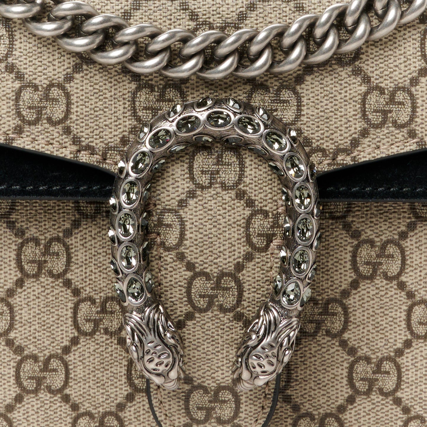GG Supreme Monogram Suede Crystal Small Dionysus Shoulder Bag Beige Ebony Black