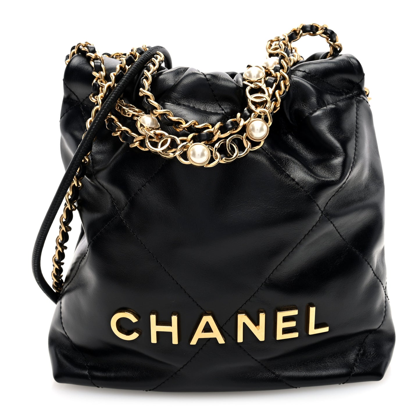 Shiny Calfskin Quilted Pearl CC Chain Mini Chanel 22 Black