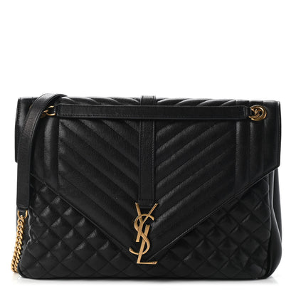 Saint Laurent Calfskin Mixed Matelasse Triquilt Large Monogram Satchel Black 1 of 9