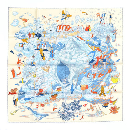 Hermes Silk Sur Mon Nuage Scarf 90 Creme Bleu Clair 1 of 5